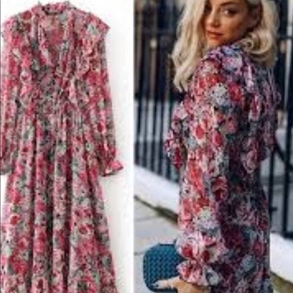 ZARA FLORAL ELASTIC WAIST LONG SLEEVE RUFFLE SIZE XS - Picture 1 of 9